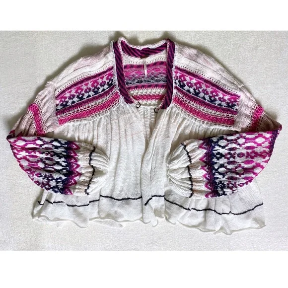 Free People Dreamland Knit Cardigan Womans Small Ivory Pink Balloon Sleeves - Picture 2 of 14